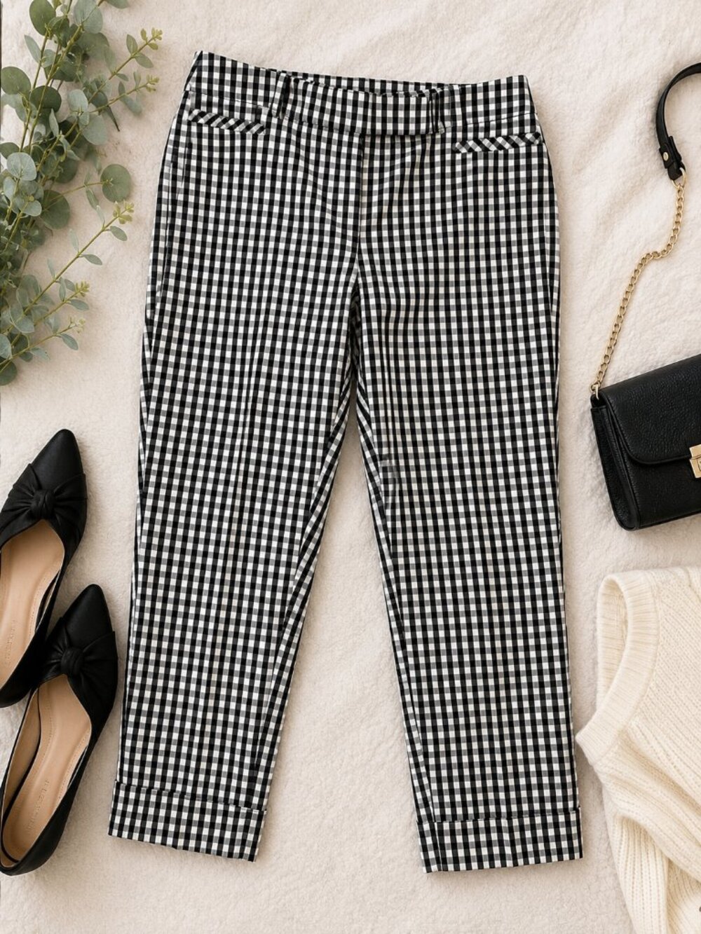 WHBM Gingham Crop Pants Size 12P Black White Check Capri